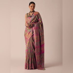 NEW Gold Cotton Silk Kashmiri Saree With Resham Work And Stitched Blouse Piece